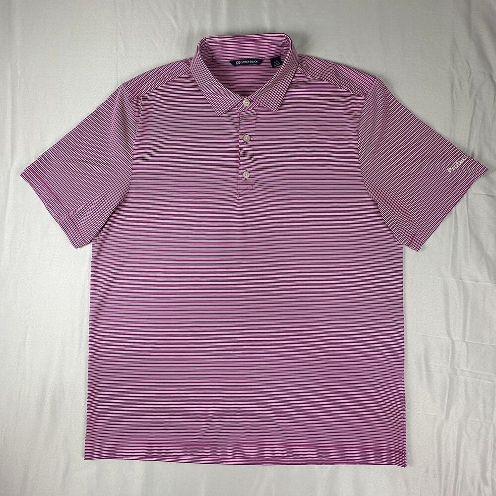 Cutter & Buck Mens Large Pink Stripe Golf Polo Shirt